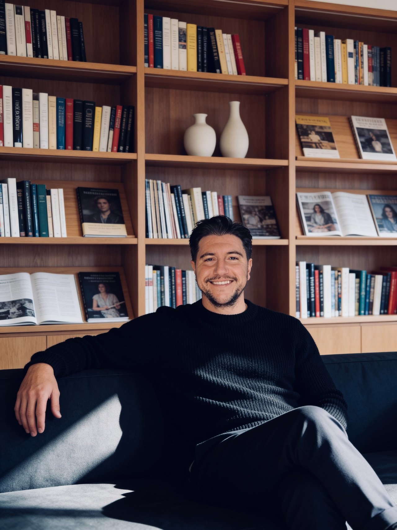 Gregory Beckham seated on a sofa in front of a wall of bookshelves.