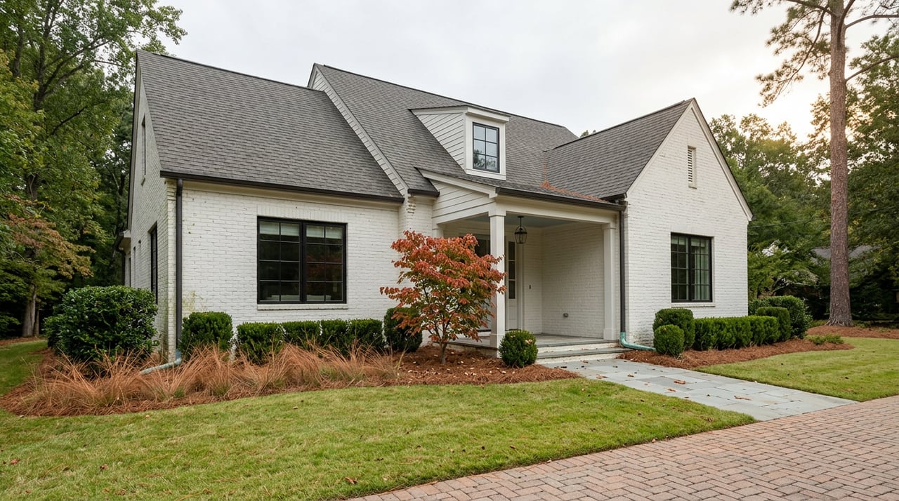White brick home with a charcoal gabled roof, red-orange sourwood tree, and tall pine beside the lawn.