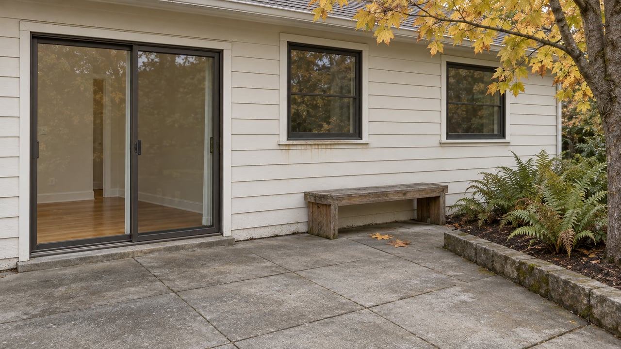 House patio with a sliding glass door, wooden bench, and autumn foliage.