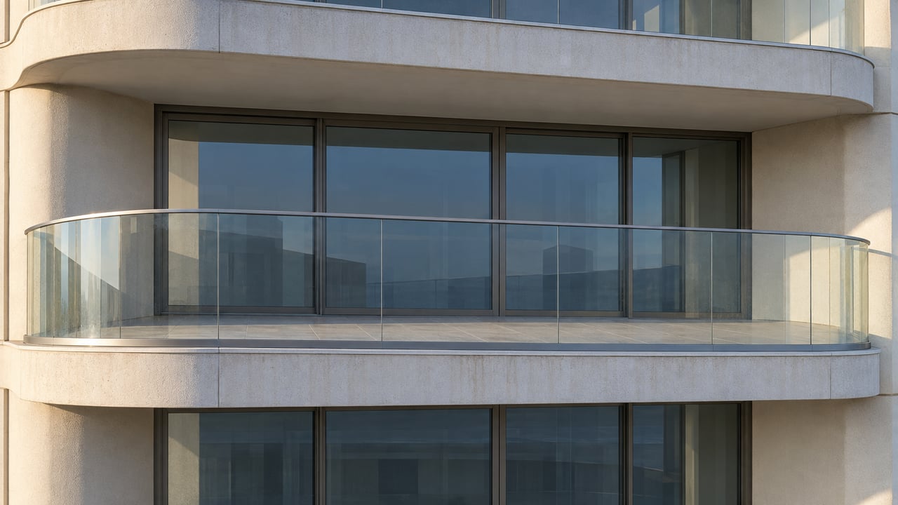 Two curved cream-concrete balconies with glass railings and recessed closed sliding doors in warm afternoon light.