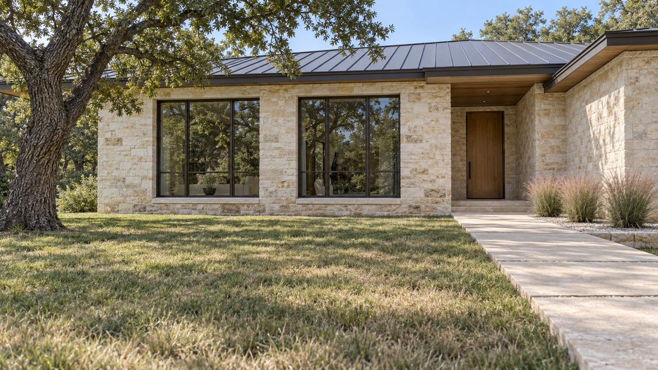 Limestone home with a low metal roof, broad windows, and recessed wood entrance beyond a deep lawn beneath a mature oak.