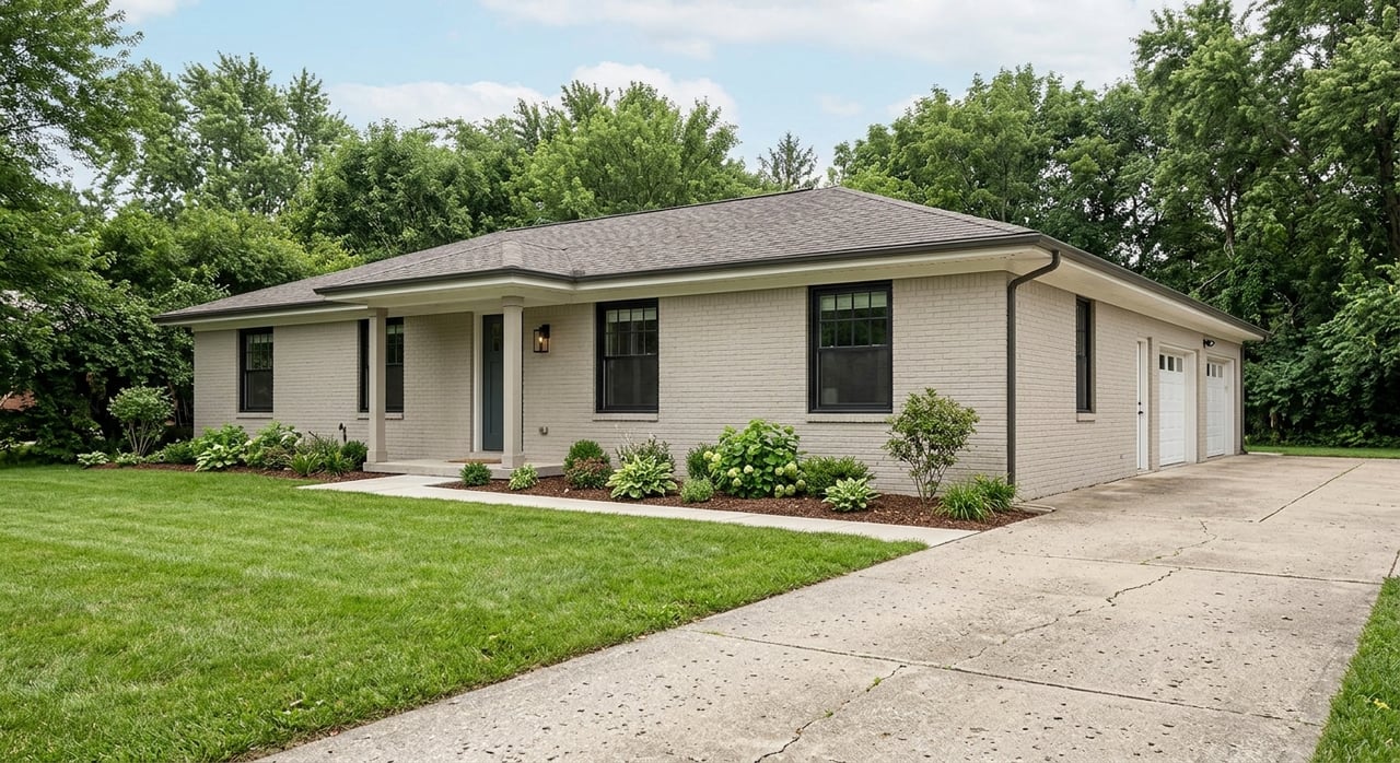 Suburban ranch house with a warm gray brick facade, off-white garage door, broad lawn, and mature tree canopy.
