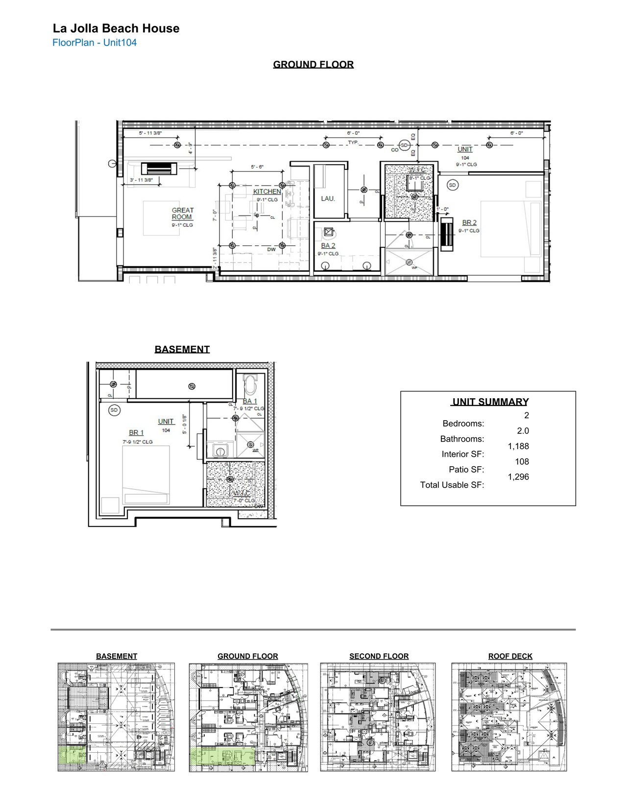 La Jolla Beach House Unit 104 floor plans, with ground-floor and basement details and a unit summary.