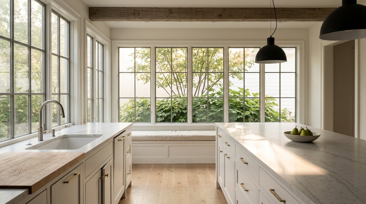 Kitchen island with a bowl of unripe pears, beneath black pendants, facing windows and a built-in bench.