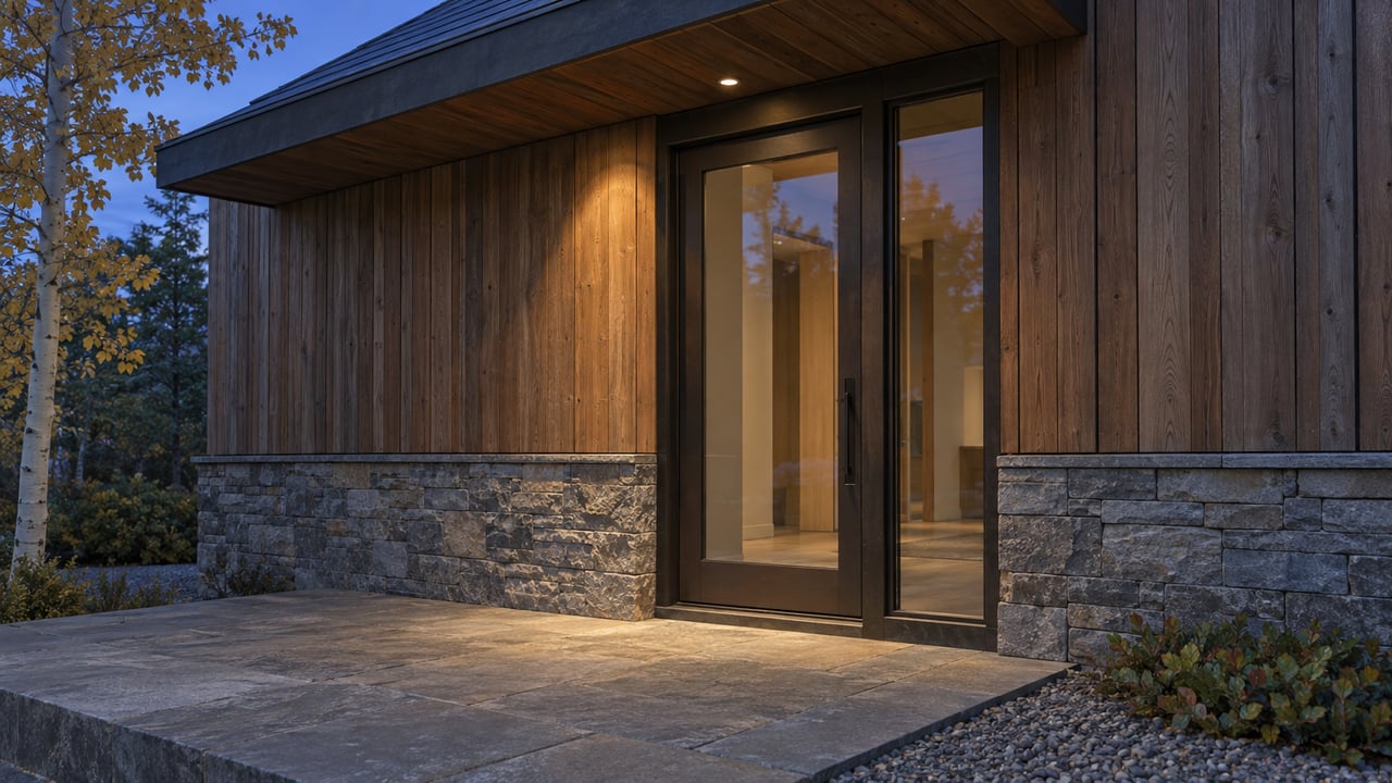 Covered entry with timber cladding, a glazed bronze-framed door, stone plinth, and one recessed downlight at dusk.