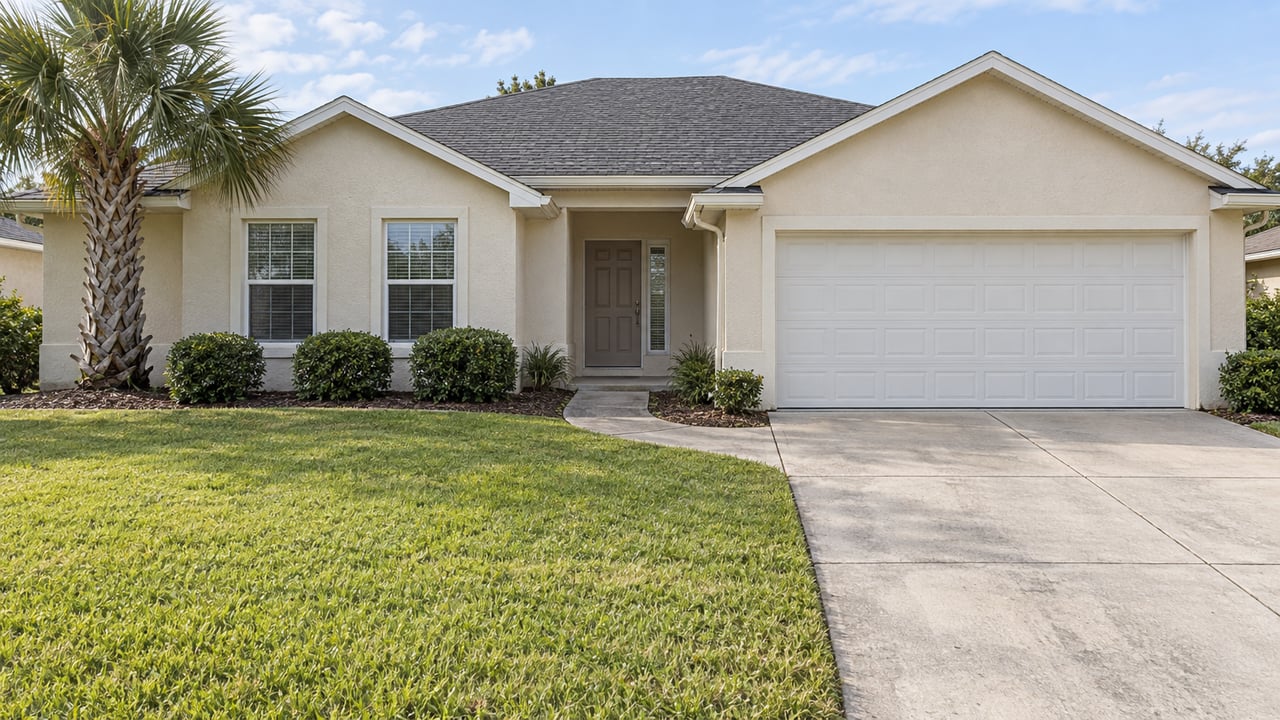 Single-story ivory stucco home with a broad lawn, palm, curved entry walk and attached two-car garage in soft daylight.