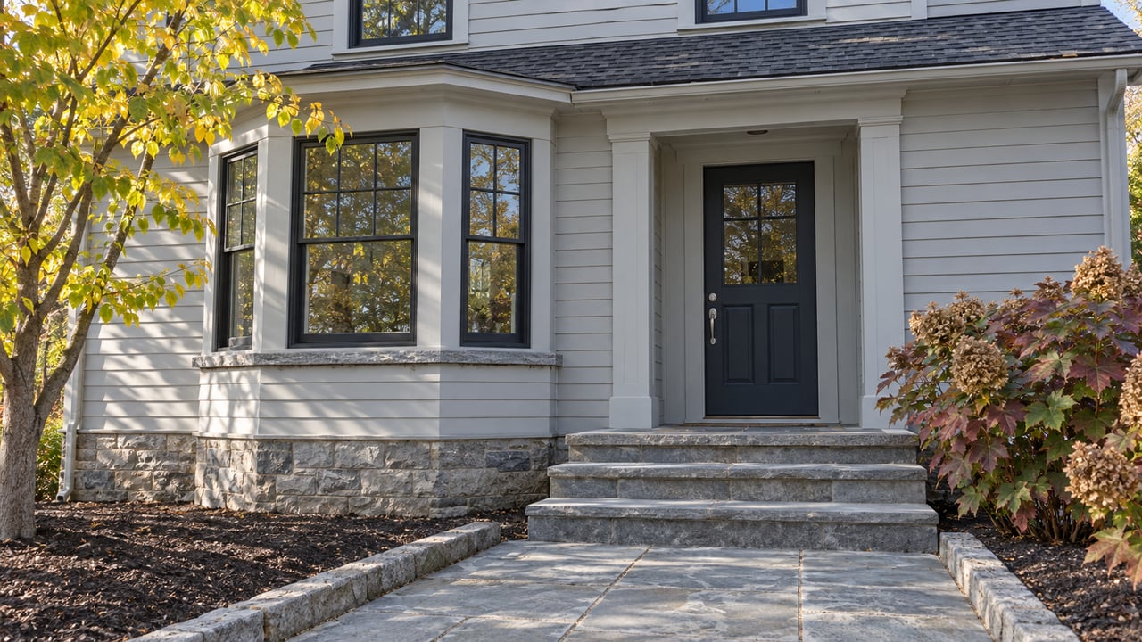 Gray clapboard home with dark divided-light bay windows, a navy entry door, stone foundation and weathered bluestone steps bordered by autumn planting.