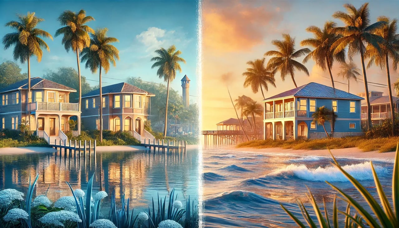 2 separate images of waterfront homes