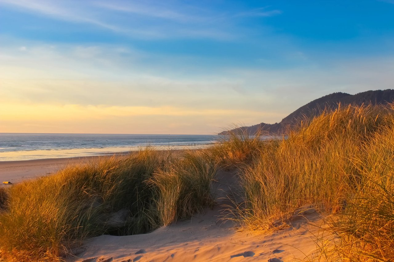 orange sun, dune grass and blue sky overlooking the manzanita OR beach