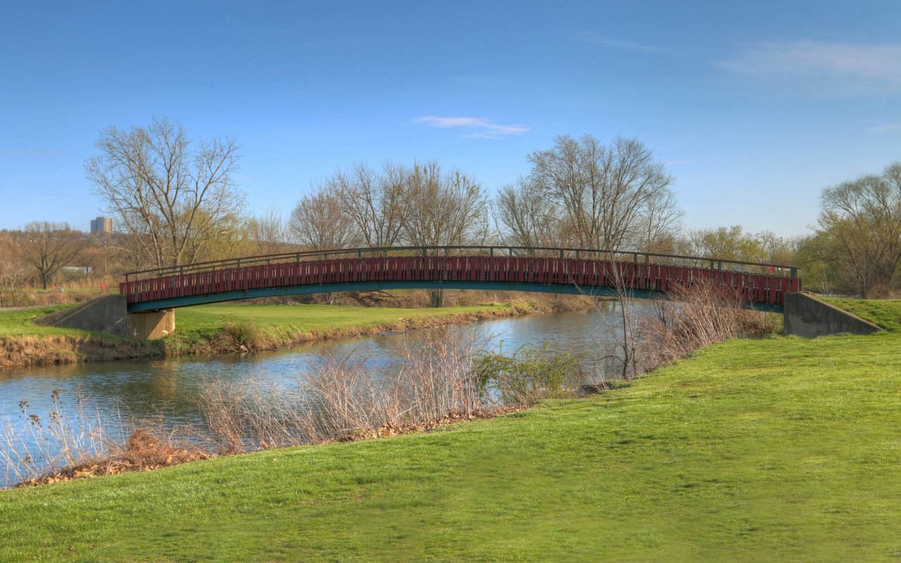 A wooden bridge in a park, the bridge spans a river with clear blue water with green leaves on either side of the bridge.