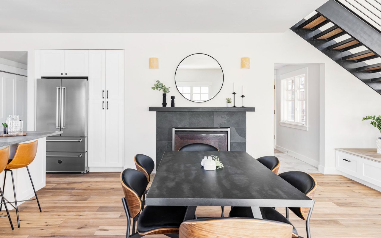 Single family home dining room kitchen with black marble in downtown Boulder Colorado