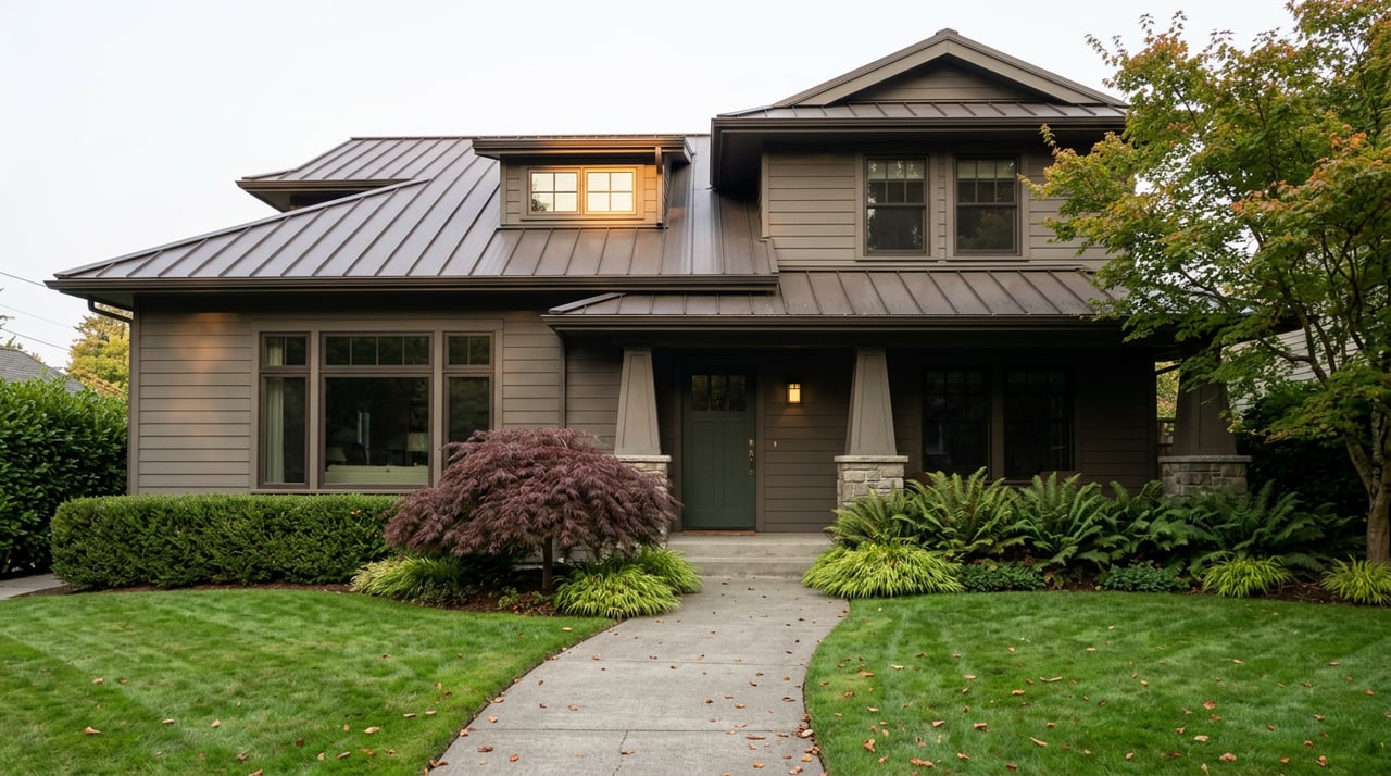 Modern Craftsman home with a dark metal roof, stone-columned entry, burgundy Japanese maple, and curving walkway.