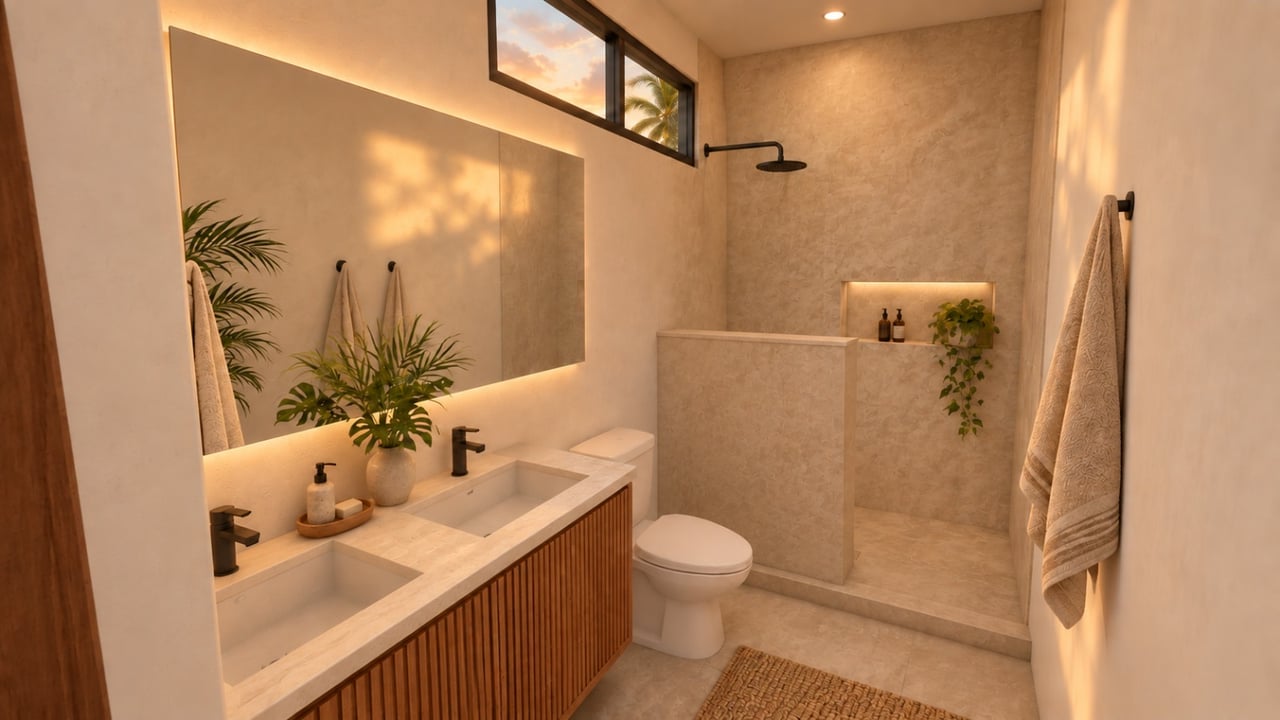 Rendered bathroom with a double vanity, large mirror, walk-in shower, and high windows.