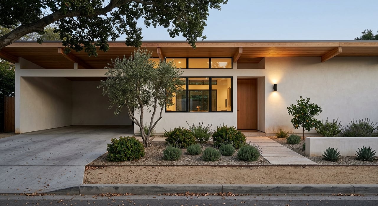 Midcentury stucco house with cedar accents and a glowing clerestory window at blue hour.