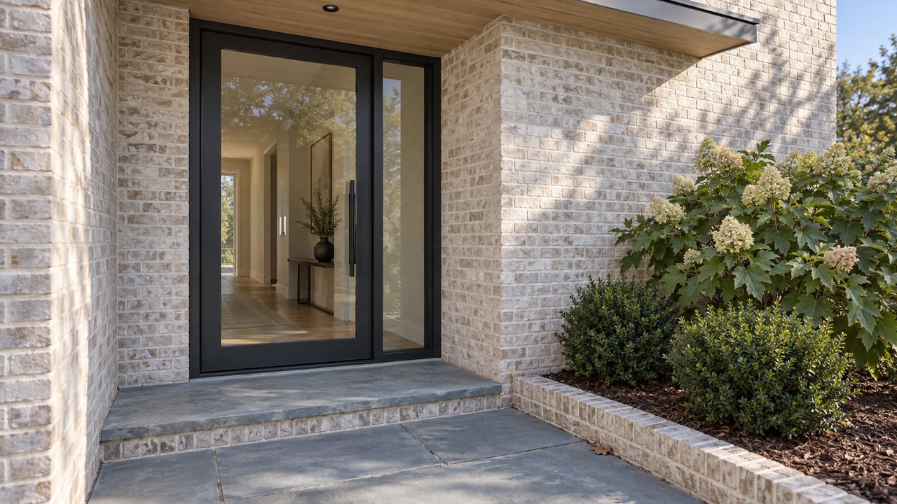 Townhouse entry with a black-framed glass door, whitewashed brick, bluestone steps, and hydrangea.