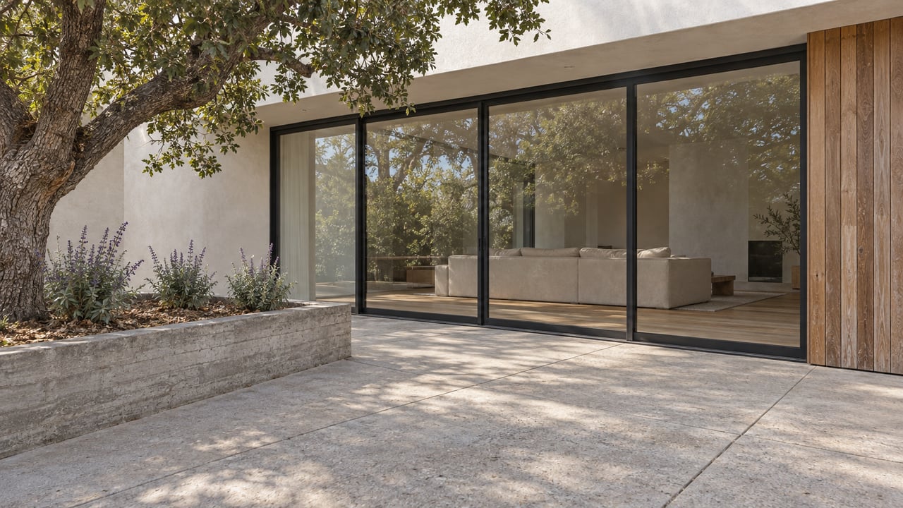 Sunlit concrete terrace beside a stucco and cedar home, with black-framed glass doors and a mature oak in a raised planting bed.