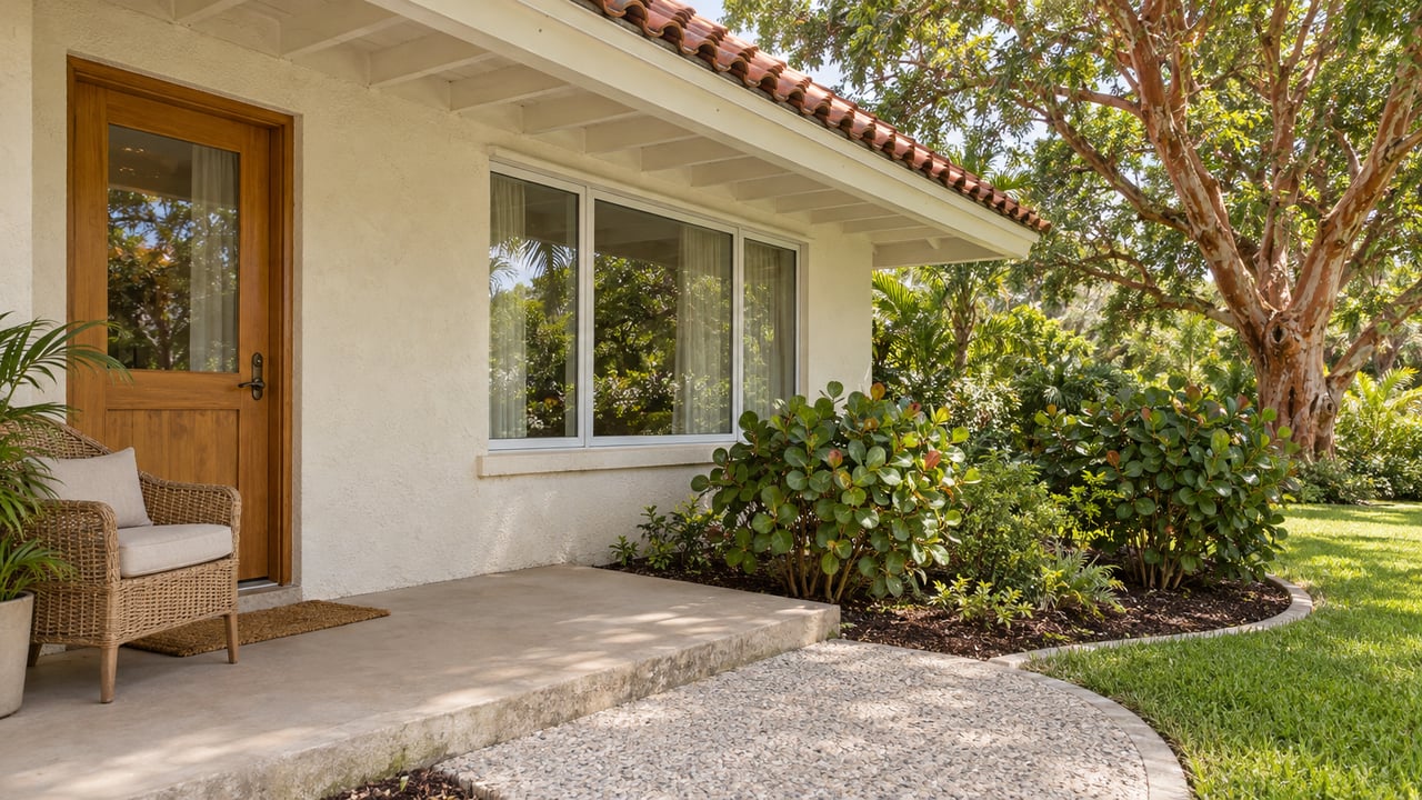 An ivory stucco home's shaded entry with a terracotta roof, woven chair and mature copper-barked tree beside a shell-aggregate garden walk.