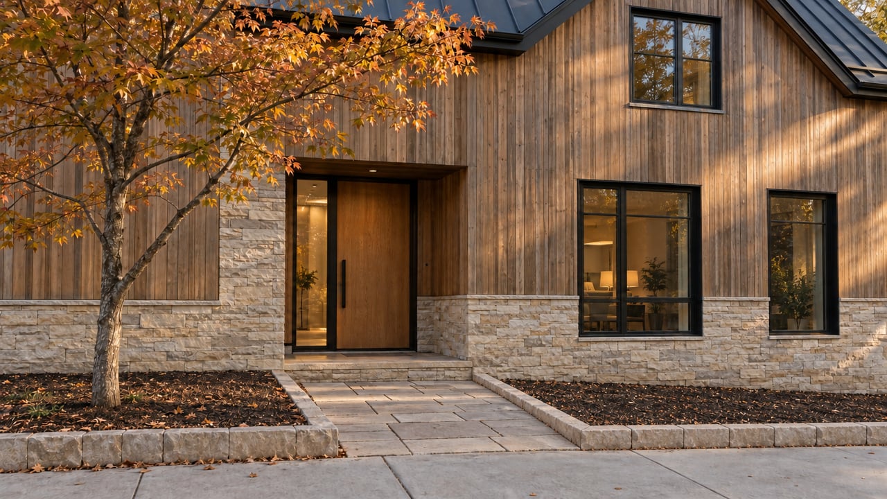 Limestone entry path beside a dark planting bed, with a pale-stone curb along its edge.