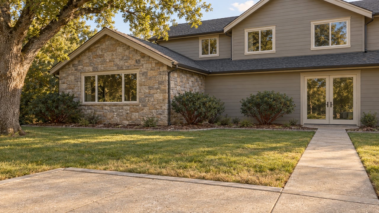 A gabled home with gray wood siding and stone walls overlooks a lawn and concrete garden terrace in warm afternoon light.