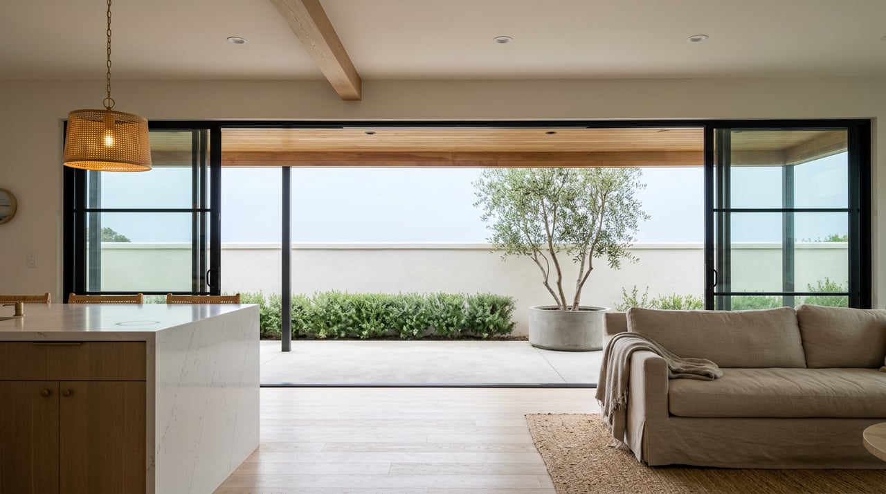 Coastal living room and kitchen open to a covered patio with a multi-trunk olive tree.