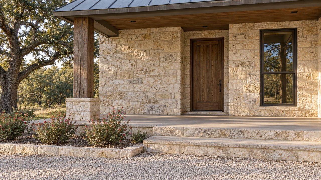 Limestone home entrance with a deep timber porch, galvanized metal roof, broad stone steps and red-flowering sage beside a gravel approach.