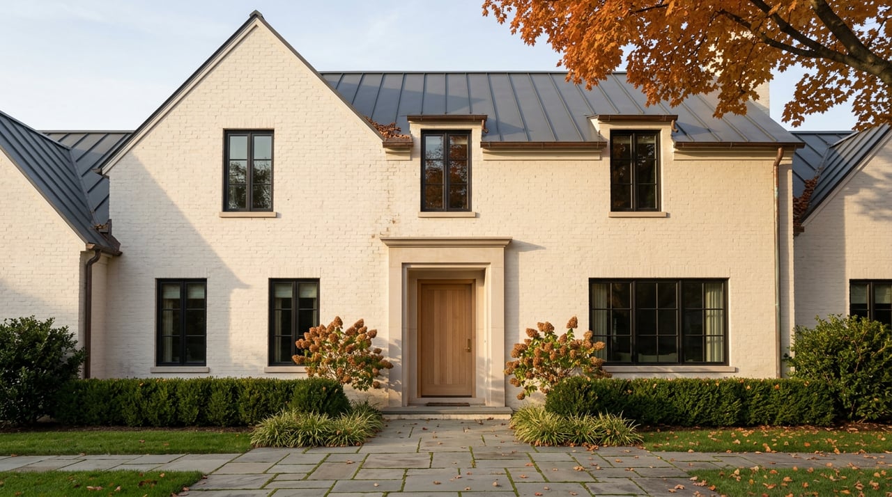 White brick estate with black windows, oak door, bluestone walkway, and autumn leaves beneath a maple.