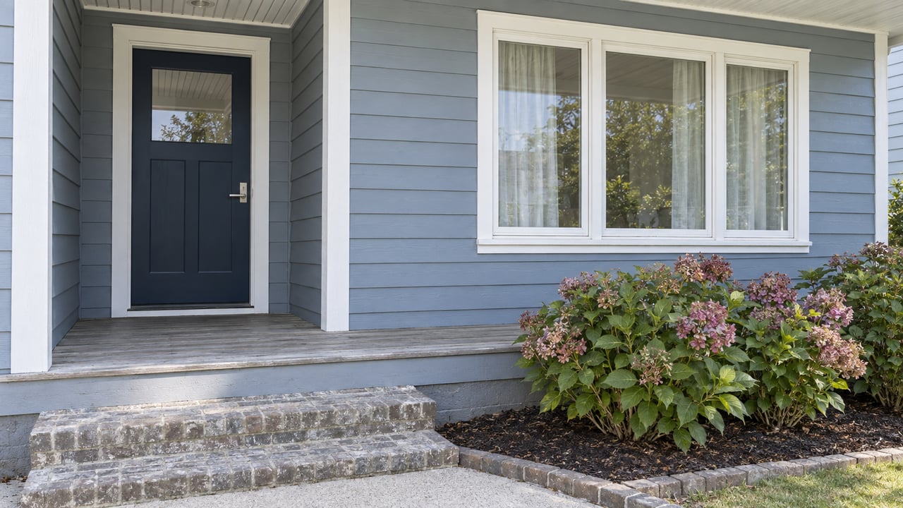Blue-sided home with a navy front door, brick steps, and flowering shrubs beside the porch.