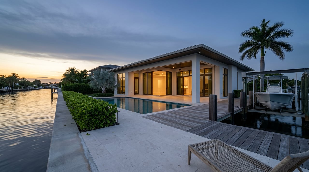 Waterfront home with open glass doors, a palm-lined private dock, and a white boat over dusk-lit canal water.
