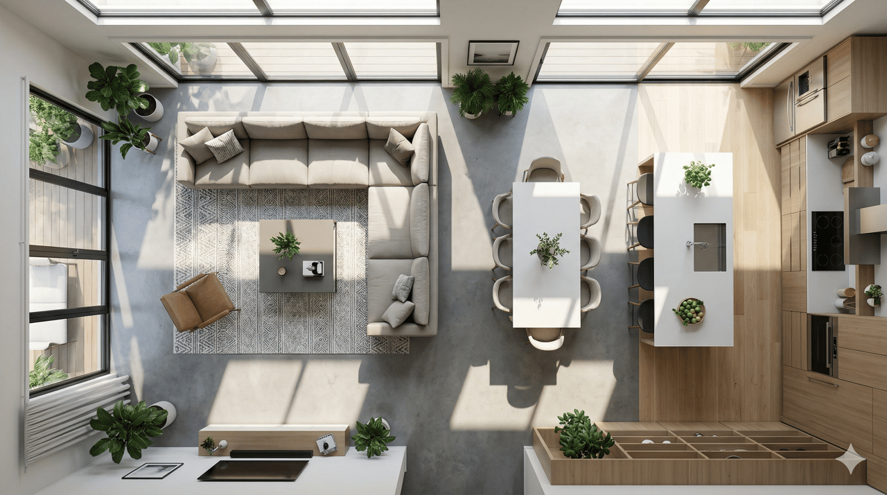 Bird’s-eye view of a modern open-concept living space
