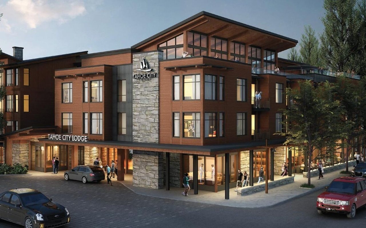 Tahoe City Lodge exterior rendering with wood siding, stone accents, and a covered entrance.