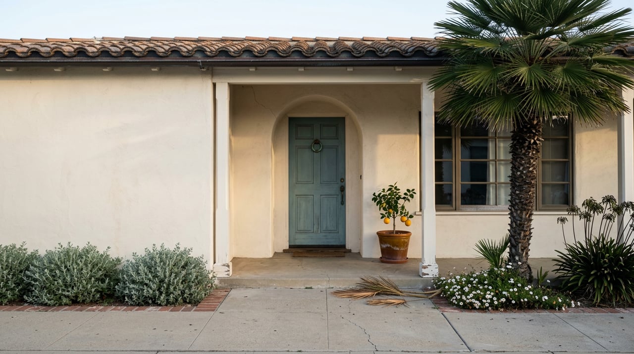 Coastal home with an arched entry, faded blue-green door, tiled roof, palm fronds, and potted citrus.