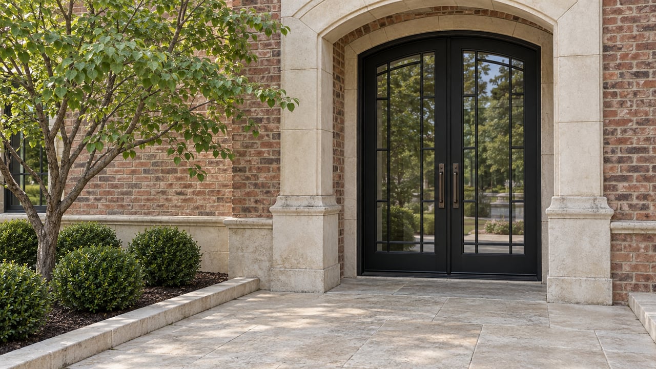 Paired black-framed glass doors recessed beneath a limestone arch in a warm brick home, with a broad stone landing and carefully placed redbud and boxwood planting.