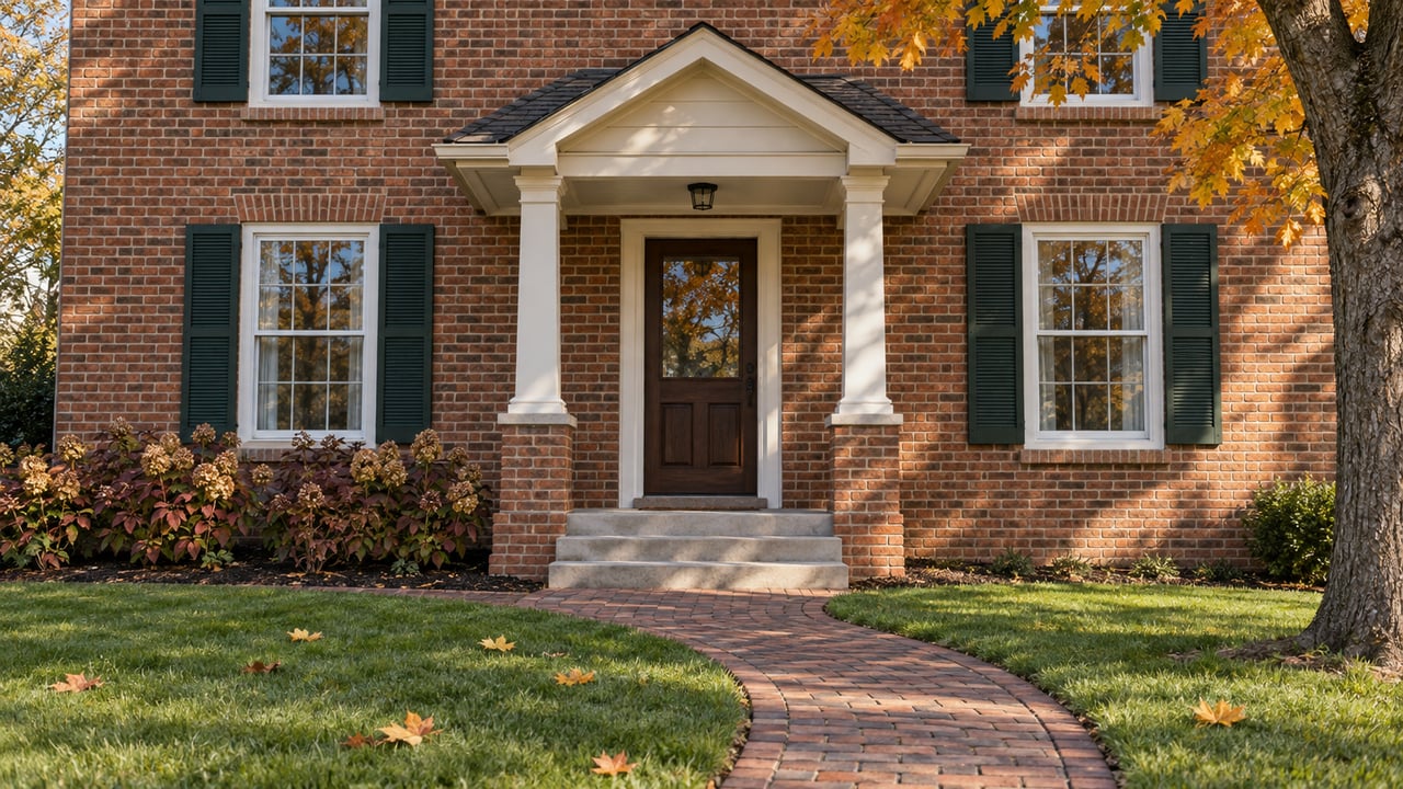 Brick home with a covered wood-column entry, curved brick walkway, green lawn and autumn maple foliage.