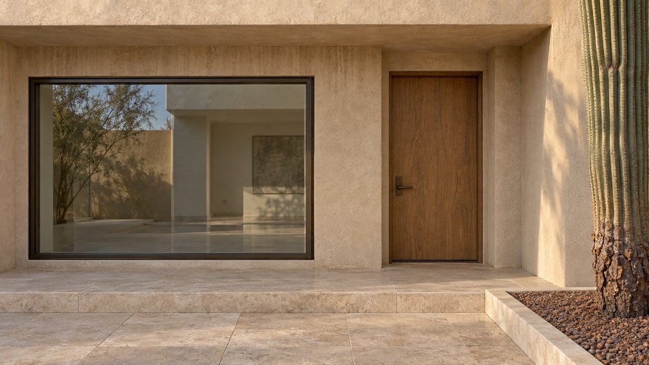 Sunlit sand-colored stucco estate entry with a bronze-framed window, recessed oak door, limestone paving and a mature saguaro.