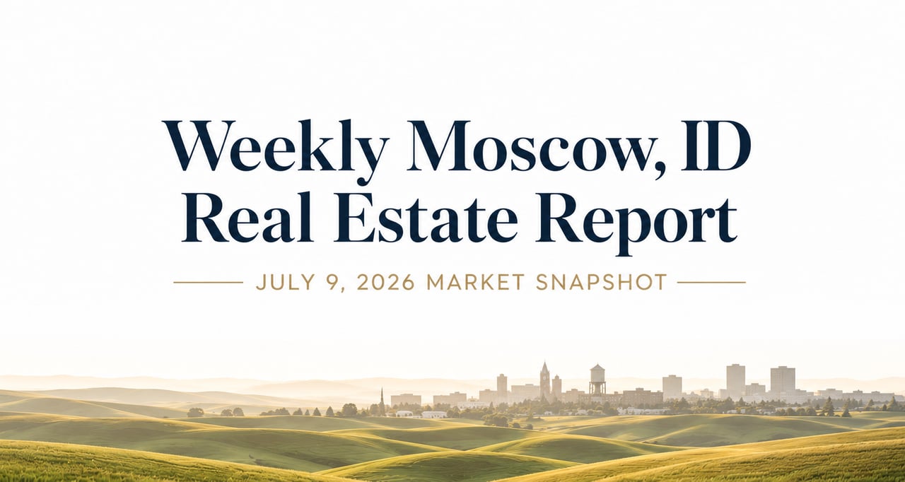Professional blog header for Jordan Vorderbrueggen's July 9, 2026 weekly Moscow, ID real estate market report featuring current housing market activity and inventory by price range.