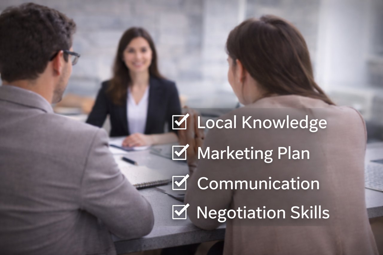 Homeowners meeting with a real estate agent while reviewing key listing agent qualities like local knowledge and negotiation skills