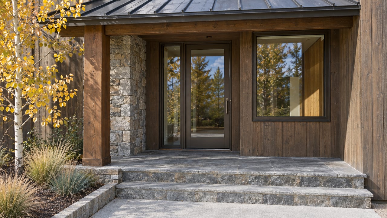 Timber-canopied residential entry with bronze-framed glass, natural stone steps and golden aspen leaves.