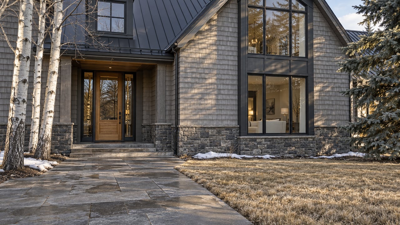 Steep-gabled shingle home with stone foundations, tall enclosed windows, a sandstone approach and lingering spring snow beneath mature trees.