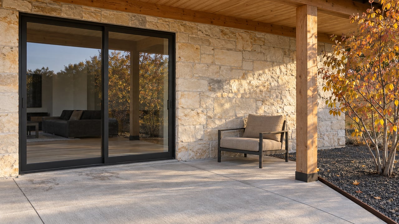 Covered residential terrace with pale stone walls, timber beams, black-framed glass doors and an autumn serviceberry.