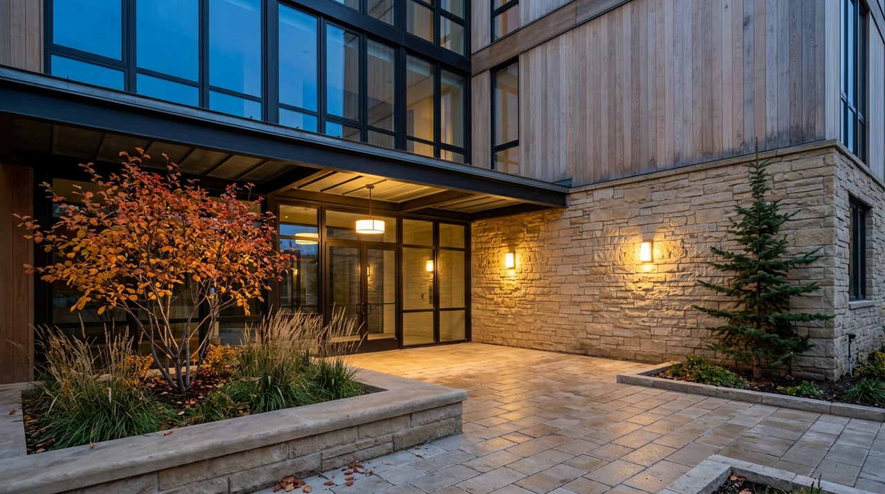 Condominium entry court: warm-lit limestone paving, autumn serviceberry, oak panels, cobalt reflections in glass.