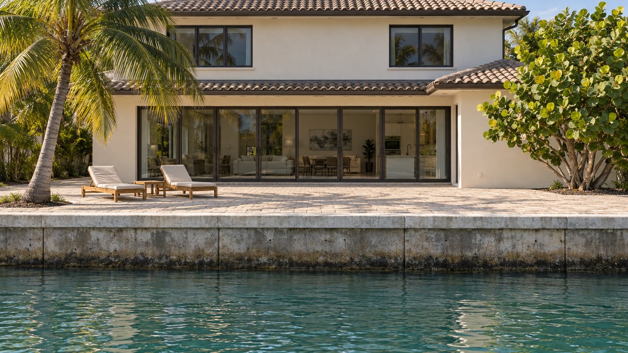 Cream stucco waterfront house behind a concrete seawall, with a paved terrace, teak chairs, and two tropical trees.