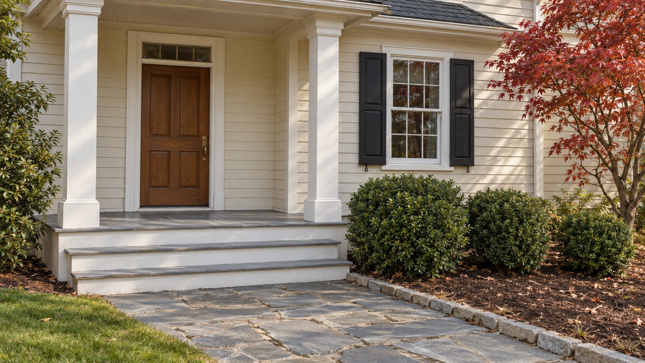 Ivory clapboard home with a covered porch, brown wood door, paired black window shutters and bluestone approach beside autumn planting.