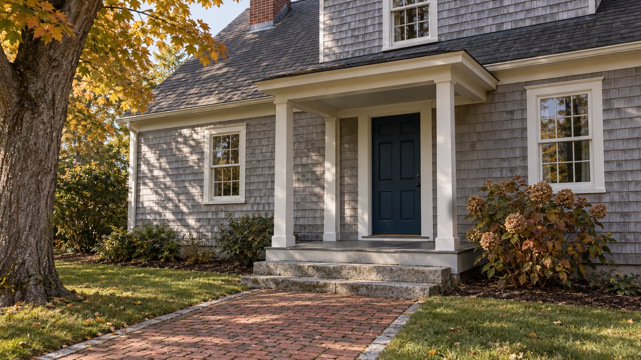 Weathered cedar-shingle house with an ivory-trimmed porch, blue front door, granite steps and a brick approach beside autumn foliage.