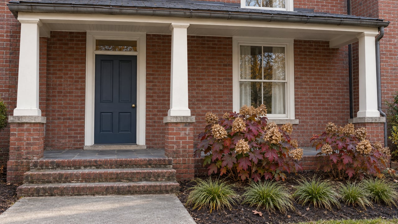 Red-brick porch-front home with white timber posts, a navy door, brick steps and burgundy oakleaf hydrangeas in an autumn garden.