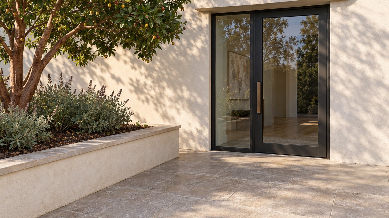 Sunlit stucco home entry with black-framed glass, limestone terrace and a raised bed containing a strawberry tree and Cleveland sage.
