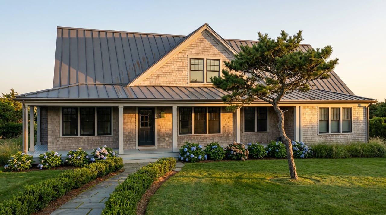 Weathered gray-shingle cottage with a covered porch, blue hydrangeas, and a pine tree beside its lawn.