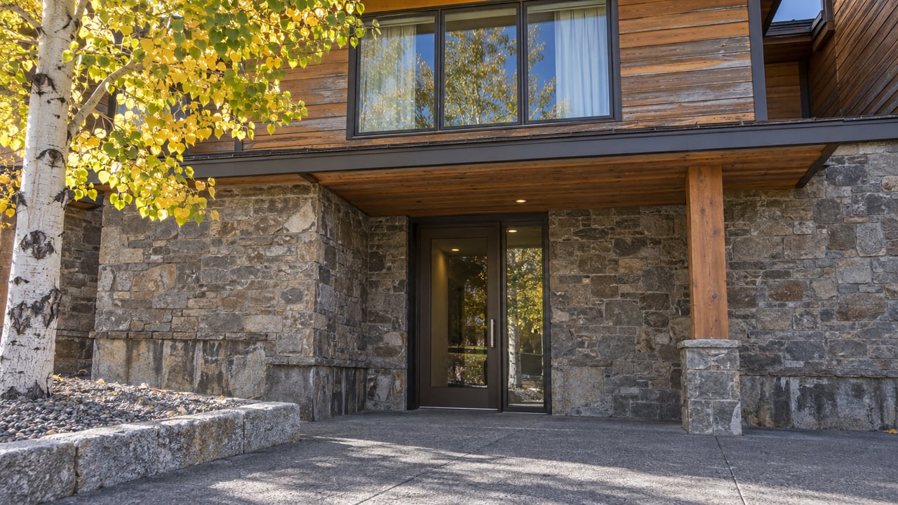 Stone and cedar condominium entrance with bronze-framed glazing, a shared paved approach and a golden-leaved aspen.
