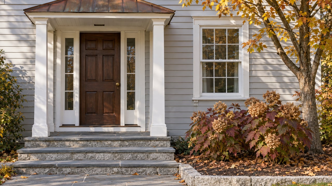 Pale-gray clapboard home with a copper entry canopy, oak door, bluestone steps and autumn oakleaf hydrangeas.