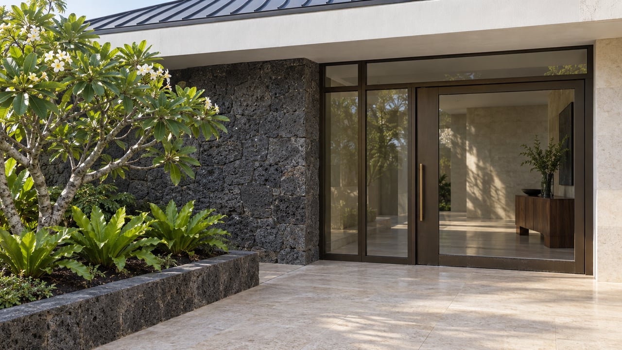 Pale limestone entry terrace beside a lava-stone wall, bronze-framed glass door and a sculptural flowering tree.