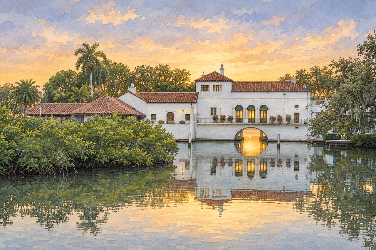 White Spanish-style waterfront building with red tile roofs and an arched bridge over a canal at sunset.
